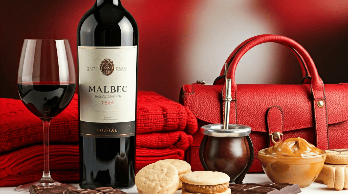 Imágen con productos de exportación: una botella de vino, una copa servida, una cartera, un mate alfajores, chocolates,